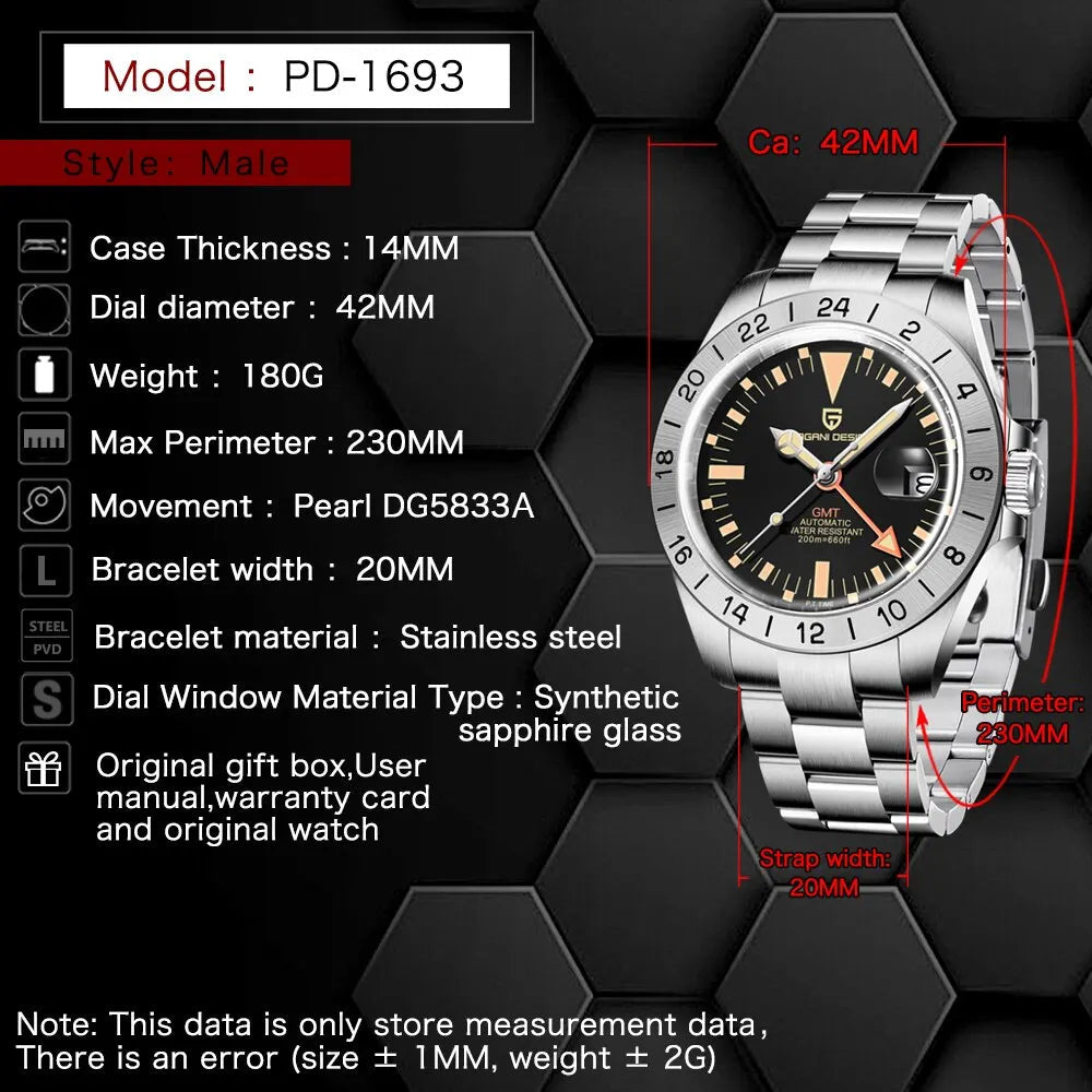 2024 New PAGANI DESIGN GMT Men Automatic Mechanical Watch Classic Retro Watch Stainless Steel 200m Waterproof Clock Reloj Hombre CHICBURN
